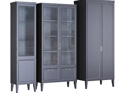 Set Of Three Modern Grey Display Shelves With Glass Doors Drawers And Slim Legs 3d model