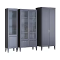 Set Of Three Modern Grey Display Shelves With Glass Doors Drawers And Slim Legs