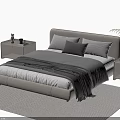 Modern Double Bed with Upholstered Headboard Pillows and Blanket on Rug with Nightstands and Plant