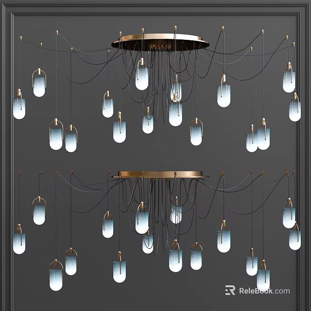 Contemporary Modern Chandelier Design With Blue Glass Pendant Lights And Gold Metal Hanging Frames 3d model 