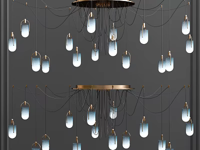 Contemporary Modern Chandelier Design With Blue Glass Pendant Lights And Gold Metal Hanging Frames 3d model