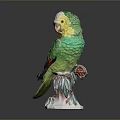Green And Yellow Parrot Ceramic Figurine Perched On Decorative Base With Red Accents