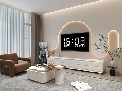 Modern Minimalist Living Room with Curved Lighting TV Wall Brown Armchair White Coffee Table Plant 3d model