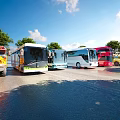 Various Types and Colored Buses Parked Outdoors After Rain With Puddles Blue Sky and Trees