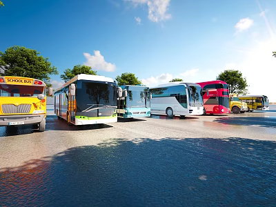 Various Types and Colored Buses Parked Outdoors After Rain With Puddles Blue Sky and Trees 3d model