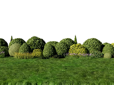 Diverse Shaped Trimmed Shrubs in Garden With Lush Green Grass and Colorful Flowers 3d model