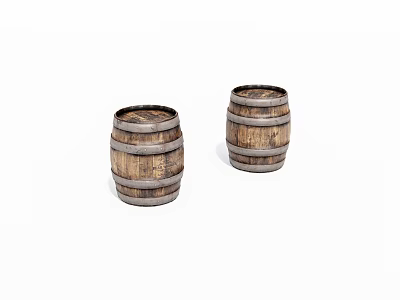 Two Vintage Wooden Barrels With Metal Hoops On White Background 3d model