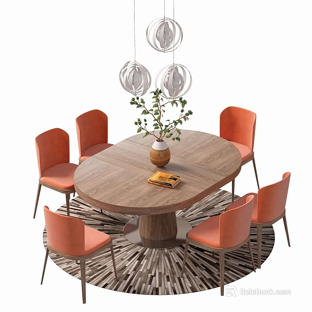 Wooden Round Dining Table with Orange Chairs Green Plant Book and Hanging Lamps 3d model 