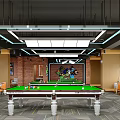 Modern Billiard Room Interior With Green Pool Tables Modern Lighting Orange Chairs And Brick Walls