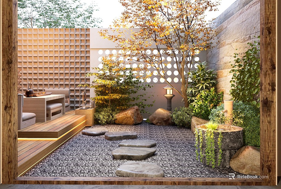 Courtyard Garden With Wooden Deck Stone Stepping Stones Lattice Wall And Stone Lantern 3d model 