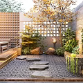 Courtyard Garden With Wooden Deck Stone Stepping Stones Lattice Wall And Stone Lantern