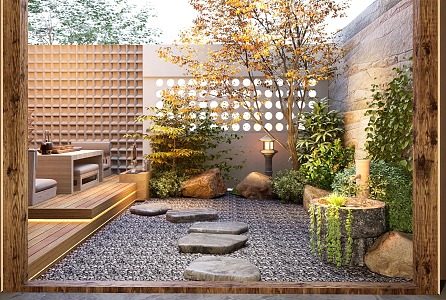 Japanese-style villa courtyard sketch landscape plant combination 3d model