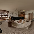 Modern Living Room Interior Design With Black Leather Sofa Fireplace Circular Rug And Wooden Decor