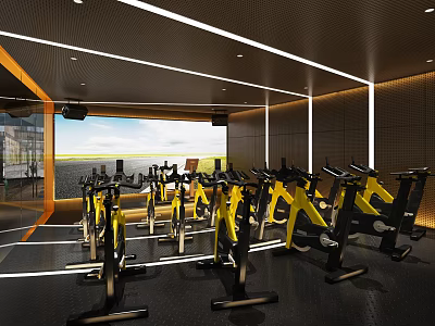 Modern Spin Bike Gym Interior Featuring Yellow Black Exercise Equipment And Bright Lighting 3d model