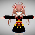 Anime Style Game Character With Cat Ears Blue Eyes Long Brown Hair And Black Dress