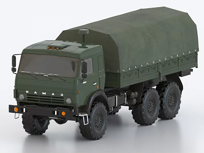 Green KAMAZ Military Truck With Canvas Covered Cargo Bed And Six Wheel Design 3d model