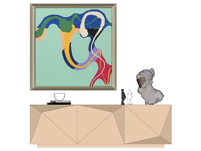 Abstract Painting With Vibrant Colors Above Beige Geometric Cabinet With Decorative Items 3d model