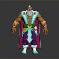 Muscular Old Man 3D Character in Purple Green Outfit with Ornate Cloak on Gray Background