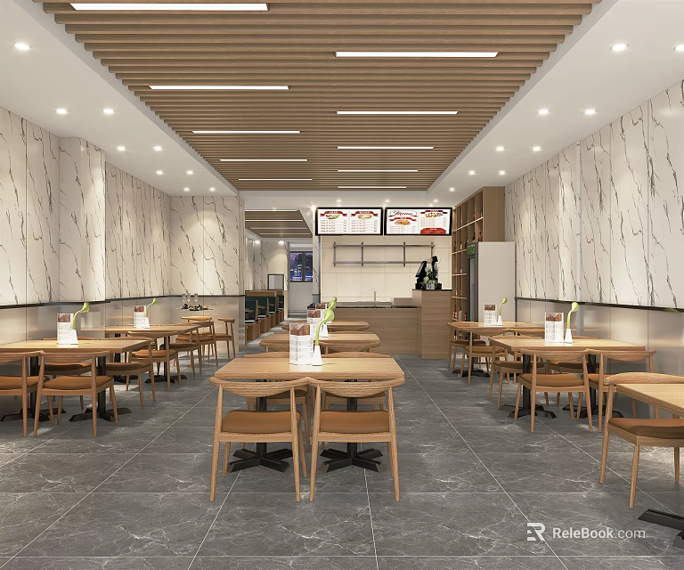 Modern Restaurant Interior With Wooden Ceiling Marble Walls And Tables Chairs Open Layout 3d model 