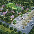 Scenic Park Landscape With Green Lawns Flowering Trees Paths Benches Pedestrians And Parked Cars