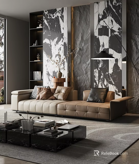 Elegant Modern Living Room Interior With Beige Sofa Black White Marble Wall And Bookshelf 3d model 