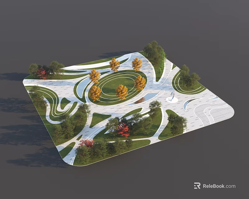 Park Landscape Design With Winding Paths Circular Lawn And Various Trees 3d model 