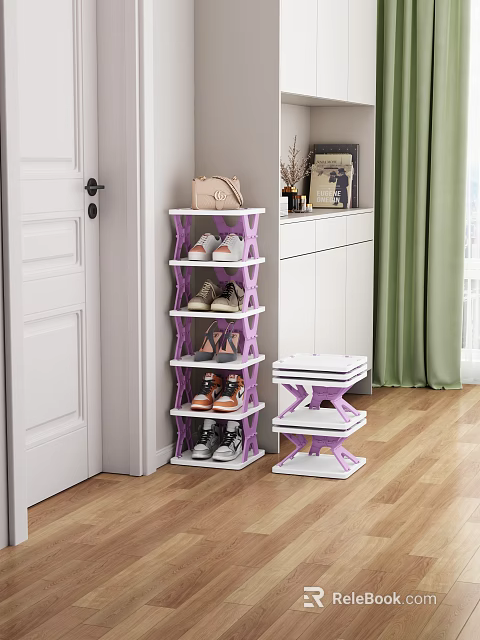 Multi Tier Purple And White Shoe Rack With Shoes Handbag Decorations And Wooden Floor 3d model 