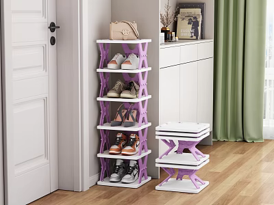 Multi Tier Purple And White Shoe Rack With Shoes Handbag Decorations And Wooden Floor 3d model