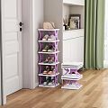 Multi Tier Purple And White Shoe Rack With Shoes Handbag Decorations And Wooden Floor