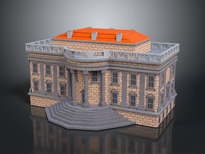 Cartoon Scene of Classical Building with Orange Roof Stone Walls Columns and Steps 3d model