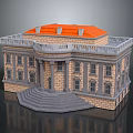 Cartoon Scene of Classical Building with Orange Roof Stone Walls Columns and Steps
