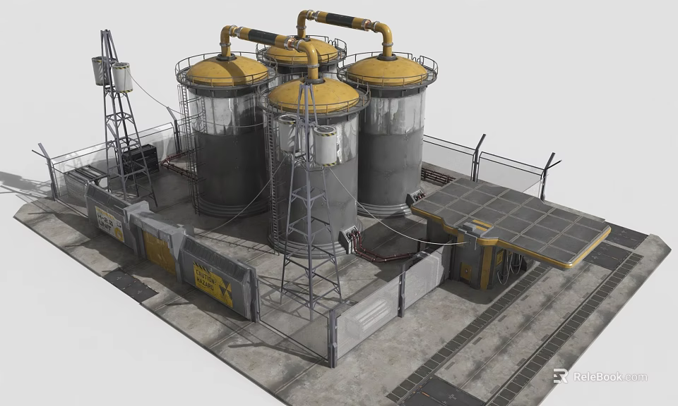 Industrial Facility With Large Storage Tanks Yellow Tops Metal Towers Fencing Solar Panels And Equipment 3d model 