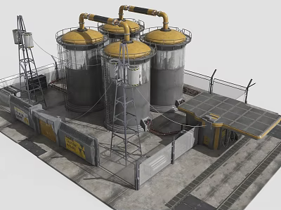 Industrial Facility With Large Storage Tanks Yellow Tops Metal Towers Fencing Solar Panels And Equipment 3d model