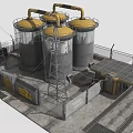 Industrial Facility With Large Storage Tanks Yellow Tops Metal Towers Fencing Solar Panels And Equipment