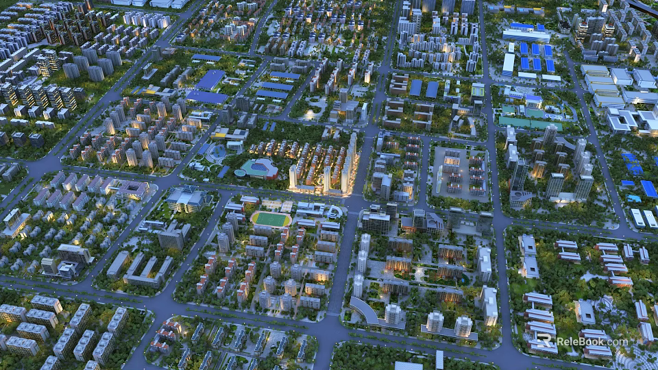 Aerial Urban Planning Featuring Modern Buildings Road Networks and Green Spaces 3d model 