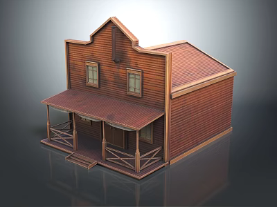 Wooden Western Style Two Story Building With Red Roof And Porch Railings 3d model