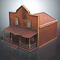 Wooden Western Style Two Story Building With Red Roof And Porch Railings
