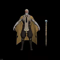 Elderly White Haired Character With Golden Cape White Tunic Blue Orb Staff And Brown Boots