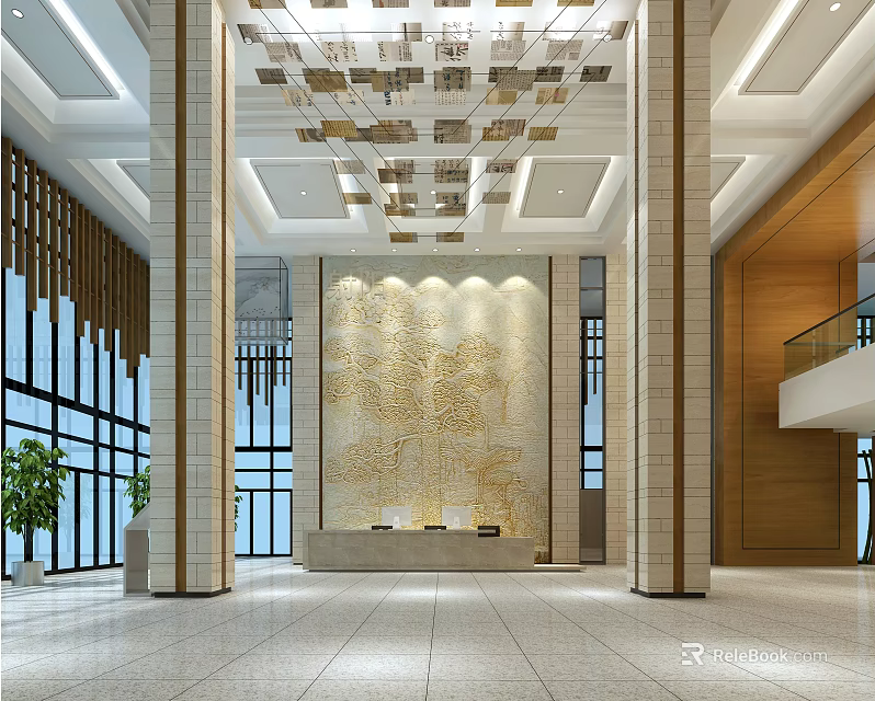 Modern Service Hall Interior Design With Large Chandelier Decorative Wall Front Desk And Marble Flooring 3d model 