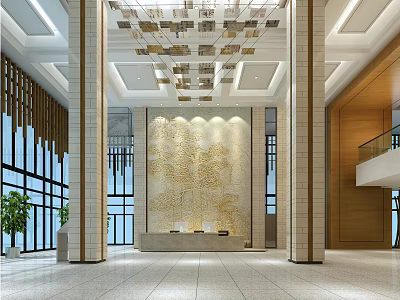 Modern Service Hall Interior Design With Large Chandelier Decorative Wall Front Desk And Marble Flooring 3d model