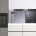 Modern Smart Home Kitchen Appliances In Black Gray With White Cabinets Countertop