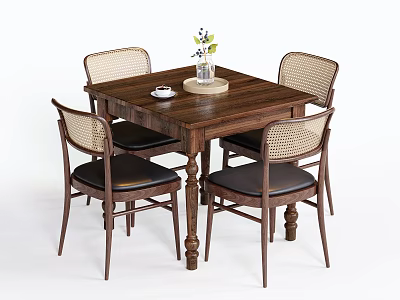 Wooden Dining Table Set with Rattan Back Chairs and Leather Seats Including Small Vase and Coffee Cup 3d model