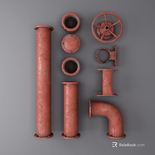 Red Rusty Industrial Pipes With Straight Elbows Flanges And Valve Wheels 3d model 