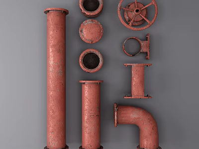 Red Rusty Industrial Pipes With Straight Elbows Flanges And Valve Wheels 3d model