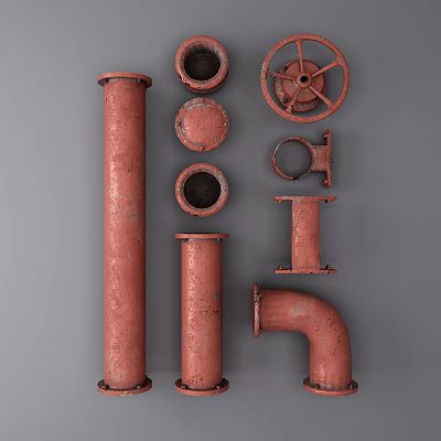 Red Rusty Industrial Pipes With Straight Elbows Flanges And Valve Wheels 3d model