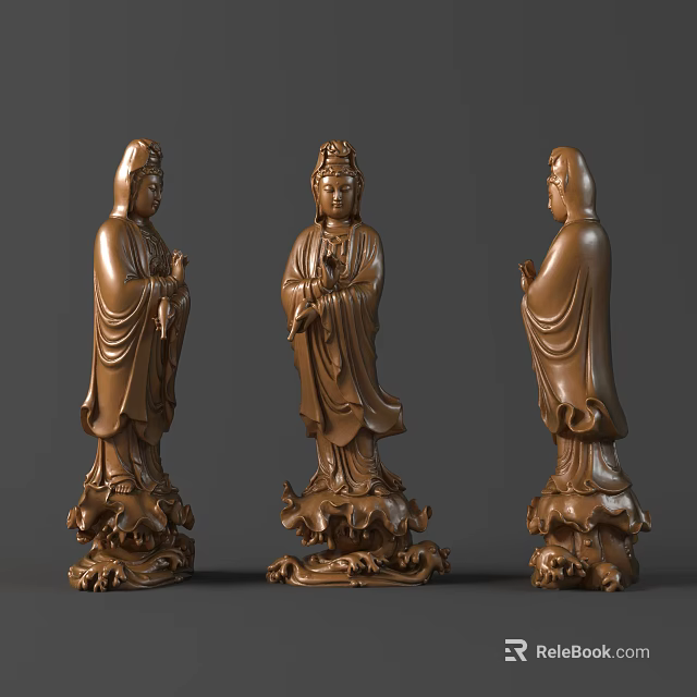 Bronze Guanyin Sculptures With Intricate Robe Carvings And Lotus Bases Displayed From Multiple Angles 3d model 
