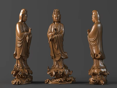 Bronze Guanyin Sculptures With Intricate Robe Carvings And Lotus Bases Displayed From Multiple Angles 3d model