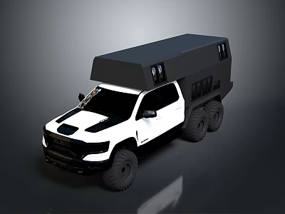 White Pickup Truck With Black Cargo Bed Roof And Six Off Road Tires 3d model