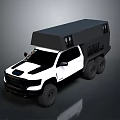 White Pickup Truck With Black Cargo Bed Roof And Six Off Road Tires