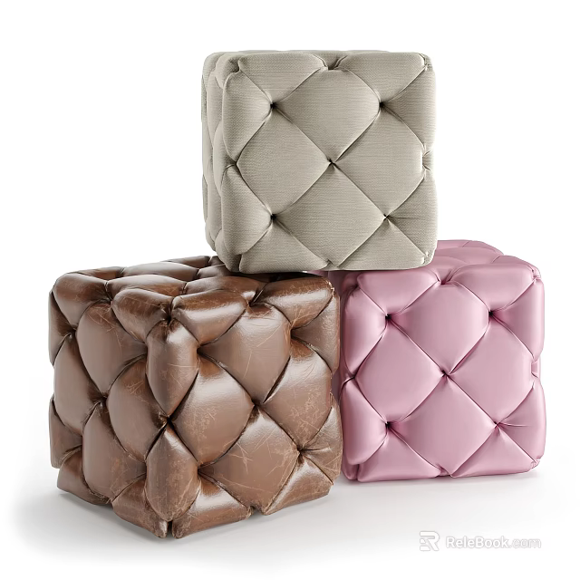 Diamond Tufted Upholstered Sofa Stools in Gray Brown and Pink Colors 3d model 